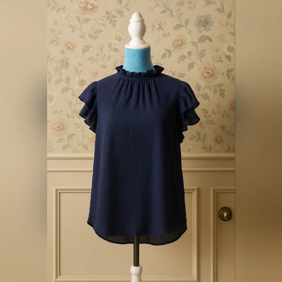 Navy Ruffle Sleeve Blouse - Picture 1 of 5